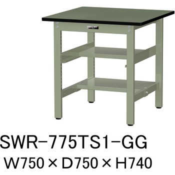軽量作業台/耐荷重300kg_中間+足元半面棚板付_固定式H740_塩ビシート天板_ワークテーブル300シリーズ 山金工業