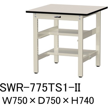 軽量作業台/耐荷重300kg_中間+足元半面棚板付_固定式H740_塩ビシート天板_ワークテーブル300シリーズ 山金工業