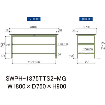 軽量作業台/耐荷重300kg_中間+足元全面棚板付_固定式H900_ポリエステル天板_ワークテーブル300シリーズ 山金工業