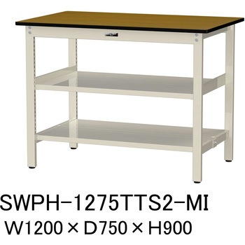 軽量作業台/耐荷重300kg_中間+足元全面棚板付_固定式H900_ポリエステル天板_ワークテーブル300シリーズ 山金工業