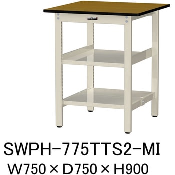 軽量作業台/耐荷重300kg_中間+足元全面棚板付_固定式H900_ポリエステル天板_ワークテーブル300シリーズ 山金工業
