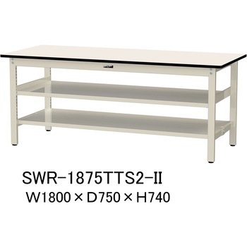 軽量作業台/耐荷重300kg_中間+足元全面棚板付_固定式H740_塩ビシート天板_ワークテーブル300シリーズ 山金工業