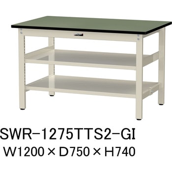 軽量作業台/耐荷重300kg_中間+足元全面棚板付_固定式H740_塩ビシート天板_ワークテーブル300シリーズ 山金工業
