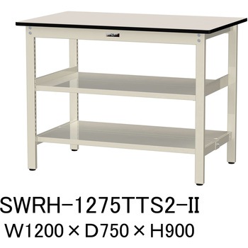 軽量作業台/耐荷重300kg_中間+足元全面棚板付_固定式H900_塩ビシート天板_ワークテーブル300シリーズ 山金工業