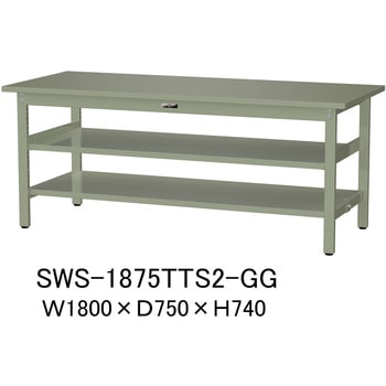 軽量作業台/耐荷重300kg_中間+足元全面棚板付_固定式H740_スチール天板_ワークテーブル300シリーズ 山金工業