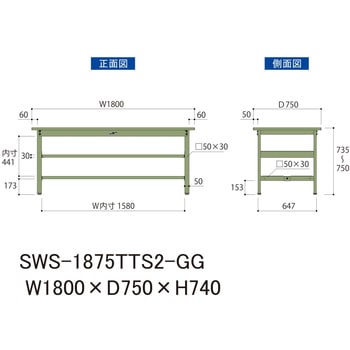 軽量作業台/耐荷重300kg_中間+足元全面棚板付_固定式H740_スチール天板_ワークテーブル300シリーズ 山金工業