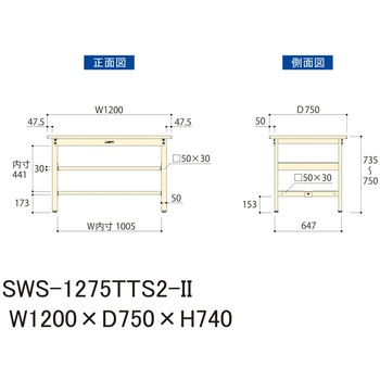 軽量作業台/耐荷重300kg_中間+足元全面棚板付_固定式H740_スチール天板_ワークテーブル300シリーズ 山金工業