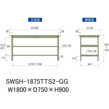 軽量作業台/耐荷重300kg_中間+足元全面棚板付_固定式H900_スチール天板_ワークテーブル300シリーズ 山金工業