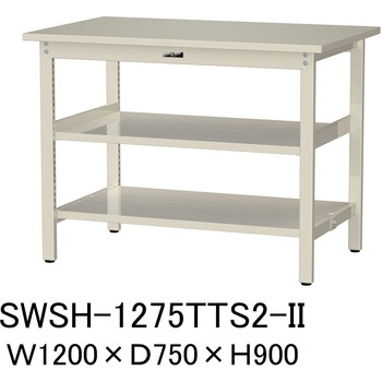 軽量作業台/耐荷重300kg_中間+足元全面棚板付_固定式H900_スチール天板_ワークテーブル300シリーズ 山金工業