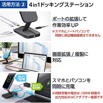 USB Type-C ドッキングステーション 4in1 (Qi2 ワイヤレス充電スタンド/USB-C×2/USB-A×1/HDMI×1 搭載) エレコム