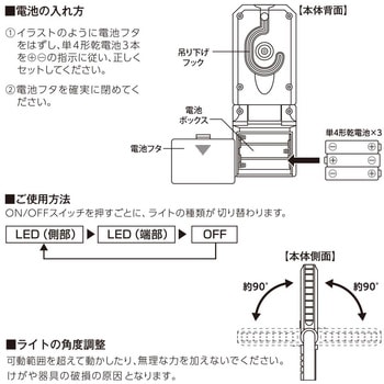 COB LED作業ライト 120ルーメン 照射角度80° マグネット・フック付き オーム電機