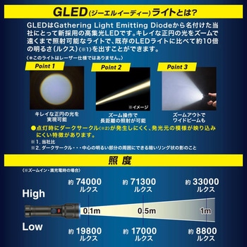 GLED 充電式LEDライト 500lm ズーム機能 リン酸鉄バッテリー 残量表示付き オーム電機