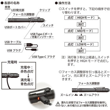 USB充電式 LEDペンライト ズーム機能付 300lm IPX4 3段調光 FL1準拠 - オーム電機