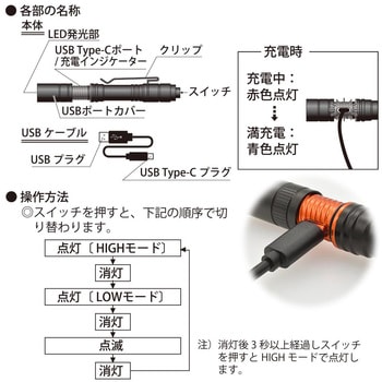 USB充電式 LEDペンライト 300lm IPX4 点滅モード付 FL1準拠 クリップ付 オーム電機