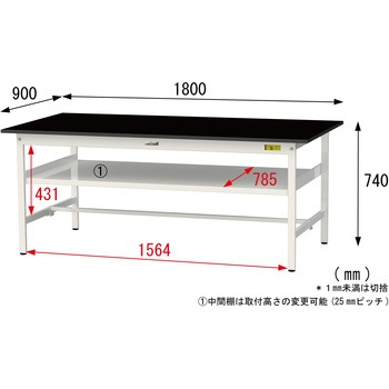実験用軽量作業台/固定式_高耐薬品ケミテクト天板_中間棚付き_ワークテーブルLABシリーズ_実験用ラボテーブル 山金工業