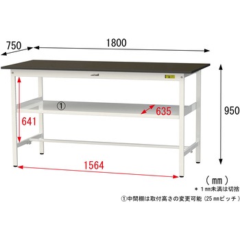 実験用軽量作業台/固定式_指紋レスメラミン天板_中間棚付き_ワークテーブルLABシリーズ_実験用ラボテーブル 山金工業