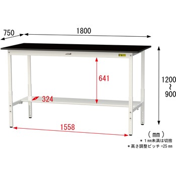 実験用軽量作業台/高さ調整_高耐薬品ケミテクト天板_半面棚付き_ワークテーブルLABシリーズ_実験用ラボテーブル 山金工業