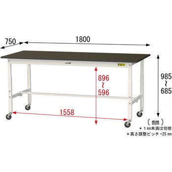 実験用軽量作業台/高さ調整_キャスター付き_指紋レスメラミン天板_ワークテーブルLABシリーズ_実験用ラボテーブル 山金工業