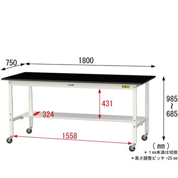 実験用軽量作業台/高さ調整_キャスター付き_高耐薬品ケミテクト天板_半面棚付き_ワークテーブルLABシリーズ_実験用ラボテーブル 山金工業