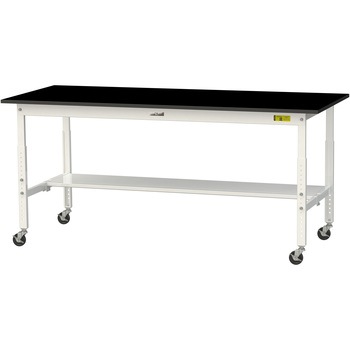 実験用軽量作業台/高さ調整_キャスター付き_高耐薬品ケミテクト天板_半面棚付き_ワークテーブルLABシリーズ_実験用ラボテーブル 山金工業
