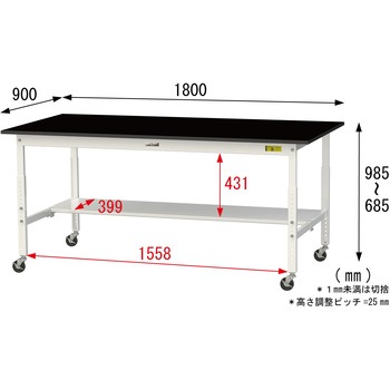実験用軽量作業台/高さ調整_キャスター付き_高耐薬品ケミテクト天板_半面棚付き_ワークテーブルLABシリーズ_実験用ラボテーブル 山金工業