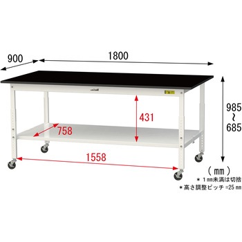 実験用軽量作業台/高さ調整_キャスター付き_高耐薬品ケミテクト天板_全面棚付き_ワークテーブルLABシリーズ_実験用ラボテーブル 山金工業