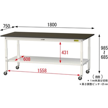 実験用軽量作業台/高さ調整_キャスター付き_指紋レスメラミン天板_全面棚付き_ワークテーブルLABシリーズ_実験用ラボテーブル 山金工業