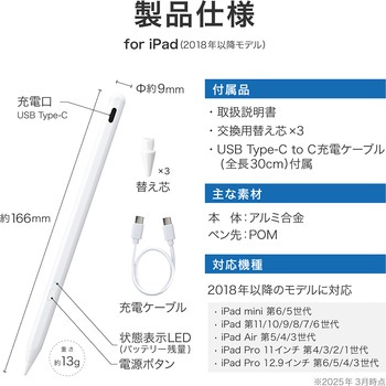 iPad用 充電式タッチペン 替え芯3個 CtoCケーブル付属 ホワイト 傾き検知 パームリジェクション機能 マグネット吸着 - MSソリューションズ
