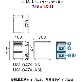 デスク US-1/US-1S 脇机(A-3段袖) - プラス[家具]