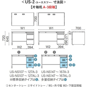 デスク US-2 片袖机(A-3段袖)(組立サービスなし) プラス[家具]