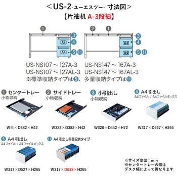 デスク US-2 片袖机(A-3段袖)(組立サービスなし) プラス[家具]