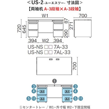 デスク US-2 両袖机(A-3段袖×A-3段袖)(組立サービスなし) プラス[家具]