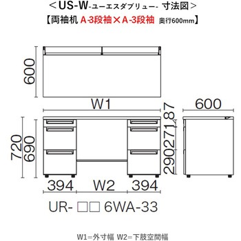 デスク US-W 両袖机(A-3段袖×A-3段袖)(組立サービスなし) プラス[家具]