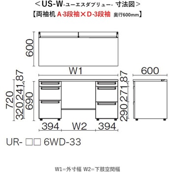 デスク US-W 両袖机(A-3段袖×D-3段袖)(組立サービス付き) プラス[家具]