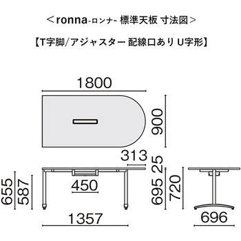 会議テーブル ロンナ T字脚アジャスタータイプ 配線口あり U字形(組立サービス付き) プラス[家具]