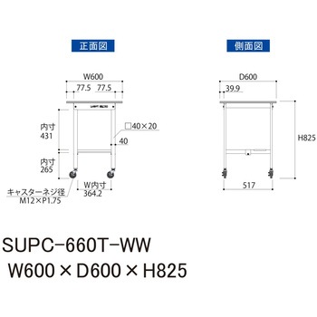 軽量作業台/耐荷重128kg_移動式H825_半面棚板付_ワークテーブル150シリーズ 山金工業
