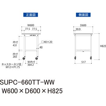 【軽量作業台】ワークテーブル耐荷重128kg(自重含む)・H825移動式・全面棚板付・低圧メラミン天板
