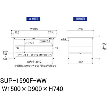 軽量作業台/耐荷重150kg_中間棚付固定式H740_ワークテーブル150シリーズ 山金工業