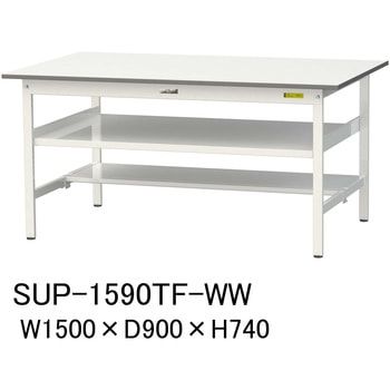 軽量作業台/耐荷重150kg_中間棚付固定式H740_半面棚板付_ワークテーブル150シリーズ 山金工業