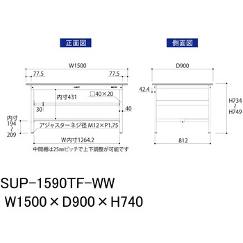 軽量作業台/耐荷重150kg_中間棚付固定式H740_半面棚板付_ワークテーブル150シリーズ 山金工業