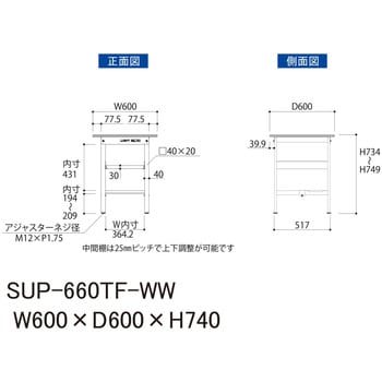 軽量作業台/耐荷重150kg_中間棚付固定式H740_半面棚板付_ワーク