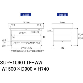 軽量作業台/耐荷重150kg_中間棚付固定式H740_全面棚板付_ワークテーブル150シリーズ 山金工業