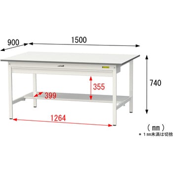 軽量作業台/耐荷重150kg_ワイド引き出し付き固定式_半面棚付_ワークテーブル150シリーズ_低圧メラミン天板 山金工業