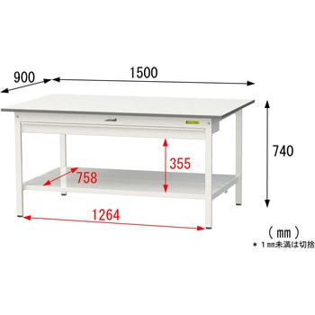 軽量作業台/耐荷重150kg_ワイド引き出し付き固定式_全面棚付_ワークテーブル150シリーズ_低圧メラミン天板 山金工業