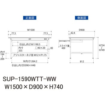 軽量作業台/耐荷重150kg_ワイド引き出し付き固定式_全面棚付_ワークテーブル150シリーズ_低圧メラミン天板 山金工業