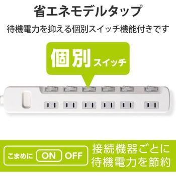 電源タップ 2P 6個口 個別スイッチ付 省エネ スイングプラグ ホワイト色 耐トラッキングあり 125V 電源コード1m T-E5A-2610WH