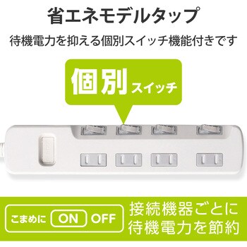 T-E6A-2430WH 電源タップ 2P 延長コード 個別スイッチ付 省エネ ほこり