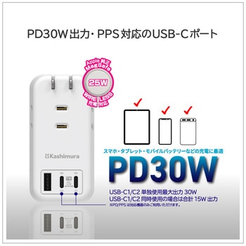 電源タップ AC3 USBA+C2 PD30W 自動識別  リバーシブル カシムラ