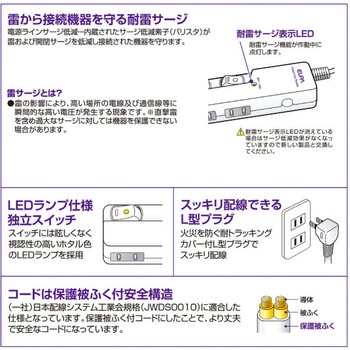 スイッチ付タップ 電源タップ 難燃性ABS樹脂 L型プラグ スイッチ付き 個別LEDスイッチランプ 横挿し 耐雷サージ付き ELPA