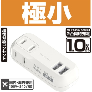 USBポート付電源タップ 2AC2USB 1A リバーシブル カシムラ